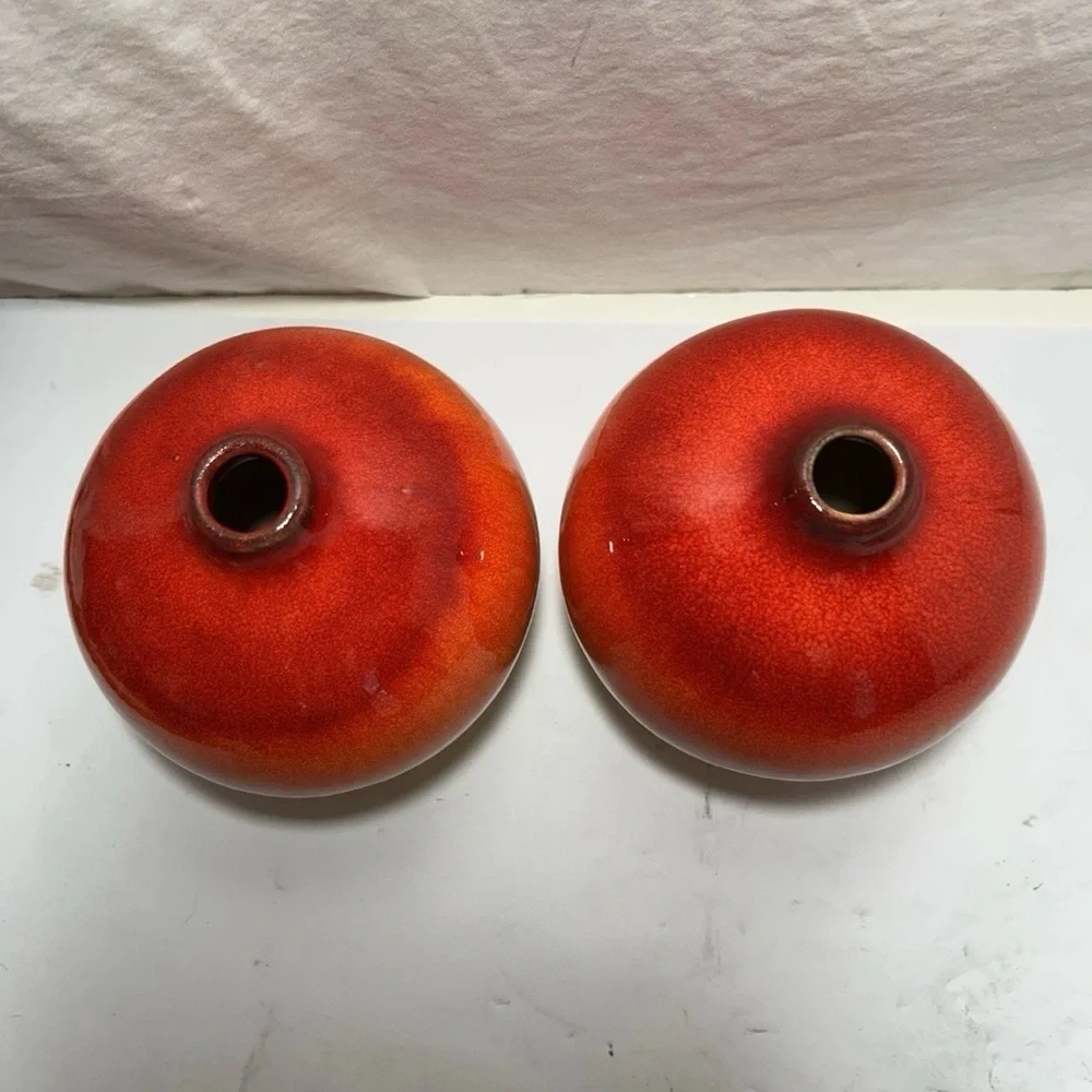 2 Drip Glaze Red Orange Yellow Bud Vase Roy Crate & Barrel Art Pottery 5” Pair